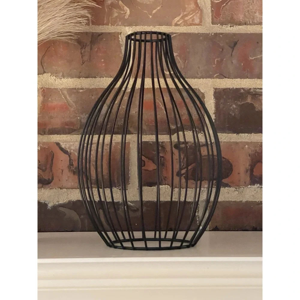 STATEMENT OUTLINE VASE - BLACK METAL CLEAR GLASS‎ FLOATING ILLUSION PAMPAS GRASS